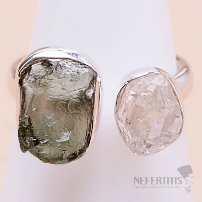 Vltavín and Herkimer diamond ring silver Ag 925 LOT17