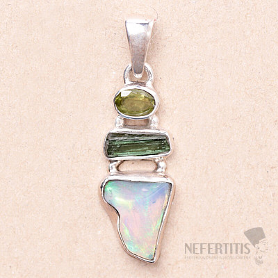 Ethiopian opal, tourmaline and olivine pendant silver Ag 925 LOT20