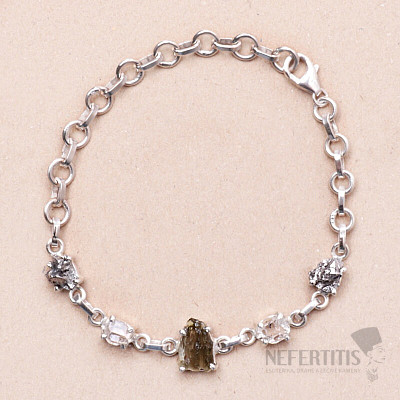 Armband aus Vltavín, Herkimer-Diamant und Campo del Cielo-Meteorit, Silber Ag 925 LOT7