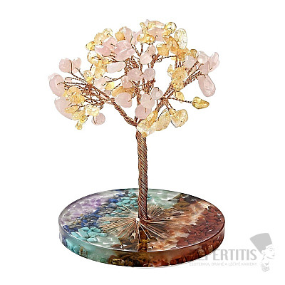 Rose quartz and yellow quartz tree on a chakra base