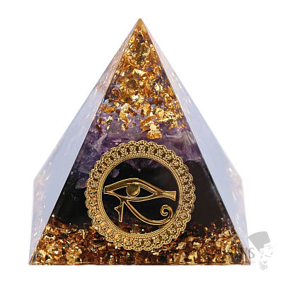 Orgonite pyramid Eye of Horus with amethyst and obsidian