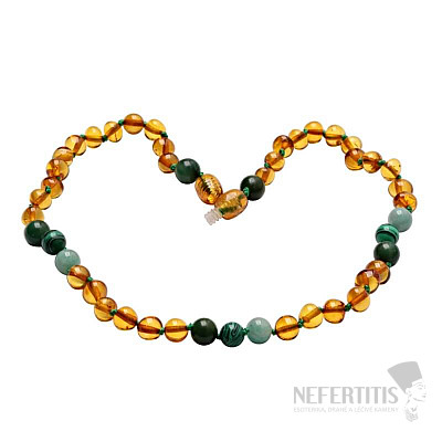 Amber beads for children with amazonite, malachite and jadeite