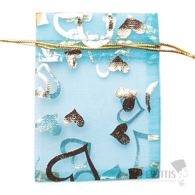 Organza gift bag 7 x 9 cm turquoise with hearts