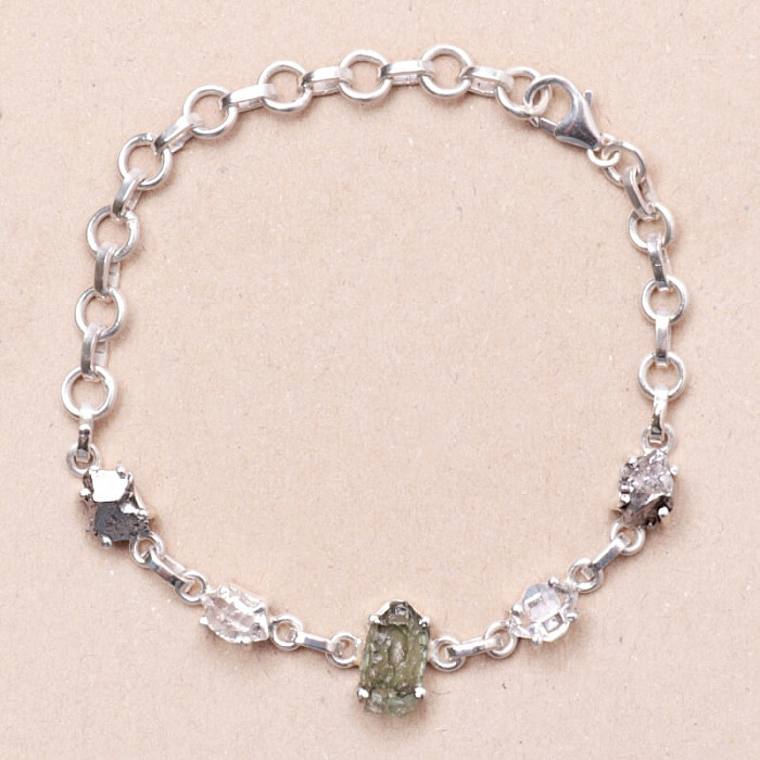 Vltavín, Herkimer diamant a meteorit Campo del Cielo náramek stříbro Ag 925 LOT5 - 13 - 20 cm, 10,1 g
