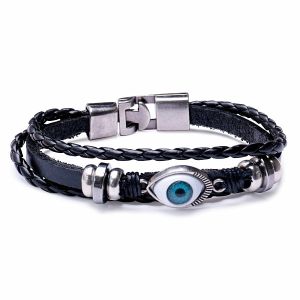 Náramek pánský z černé kůže Evil eye - obvod cca 20 cm