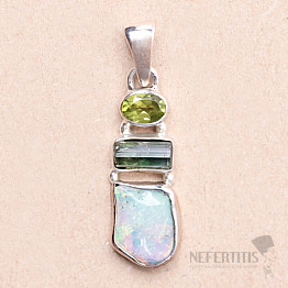 Ethiopian opal, tourmaline and olivine pendant silver Ag 925 LOT12