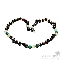 Amber beads for children in cherry color with malachite and ulexite