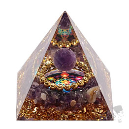 Orgonite pyramid with amethyst and chakra colors