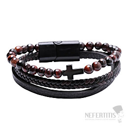 Men's leather bracelet with tiger's eye Křížek