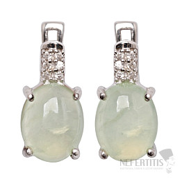 Silver earrings with prehnite cabochons and zircons Ag 925 012019 PREH